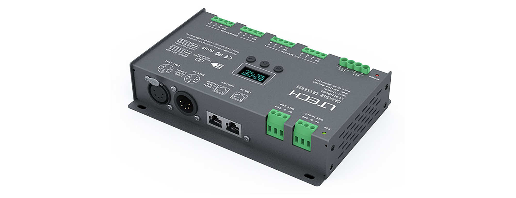 912-OLED  12Ch 4A CV DMX Decoder, 1152W Max.Power, XLR-5 Green Terminal & RJ45 Port, Self testing, DMX512/RDM I/P signal, IP20.
